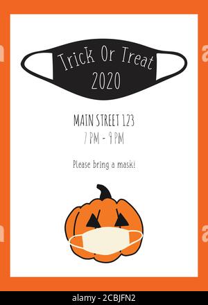 Trick or Treat Halloween Postkarte Design Kürbis und Gesichtsmaske. Halloween 2020 Party Einladung vollständig editierbar. Vektorgrafik. Für Karten verwenden Stock Vektor