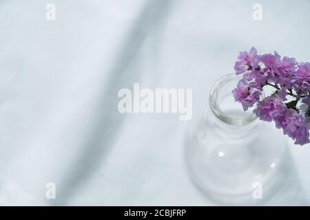 Weiche violette oder violette Blume von der Oberseite des Glases Wissenschaftsflaschenvase für naturkosmetisches Forschungsgewebe auf weiß Fabric-Hintergrund Stockfoto