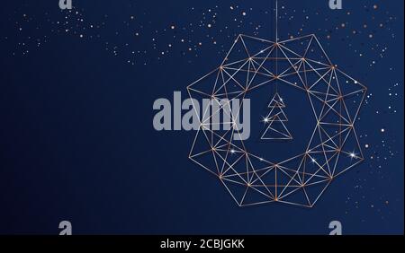 Weihnachten Hintergrund mit abstrakt stilisierten weihnachtsbaum und weihnachtskranz von Linie Kunst geometrischen Formen gemacht. Vektor Roségold und dunkelblau zurück Stock Vektor