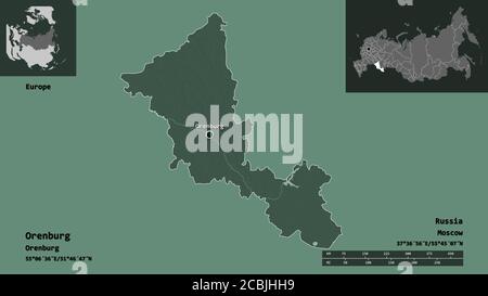 Form von Orenburg, Region von Russland, und seine Hauptstadt. Entfernungsskala, Vorschauen und Beschriftungen. Farbige Höhenkarte. 3D-Rendering Stockfoto