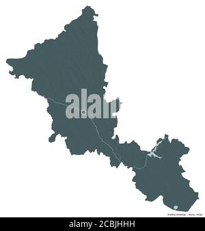 Form von Orenburg, Region von Russland, mit seiner Hauptstadt isoliert auf weißem Hintergrund. Farbige Höhenkarte. 3D-Rendering Stockfoto