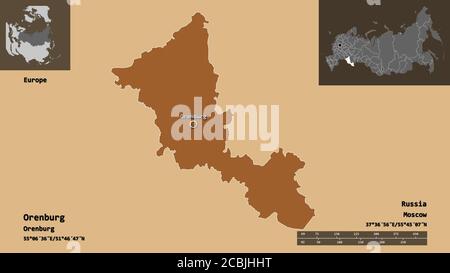 Form von Orenburg, Region von Russland, und seine Hauptstadt. Entfernungsskala, Vorschauen und Beschriftungen. Komposition von regelmäßig gemusterten Texturen. 3D-Rendering Stockfoto