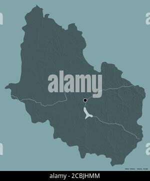 Form von Penza, Region von Russland, mit seiner Hauptstadt isoliert auf einem einfarbigen Hintergrund. Farbige Höhenkarte. 3D-Rendering Stockfoto