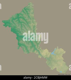 Form von Orenburg, Region von Russland, mit seiner Hauptstadt isoliert auf einem einfarbigen Hintergrund. Topografische Reliefkarte. 3D-Rendering Stockfoto