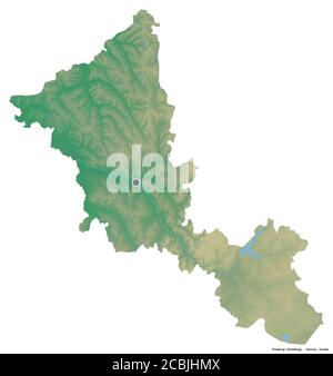 Form von Orenburg, Region von Russland, mit seiner Hauptstadt isoliert auf weißem Hintergrund. Topografische Reliefkarte. 3D-Rendering Stockfoto
