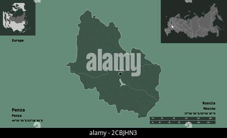 Form von Penza, Region von Russland, und seine Hauptstadt. Entfernungsskala, Vorschauen und Beschriftungen. Farbige Höhenkarte. 3D-Rendering Stockfoto