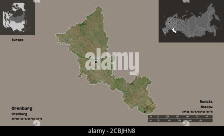 Form von Orenburg, Region von Russland, und seine Hauptstadt. Entfernungsskala, Vorschauen und Beschriftungen. Satellitenbilder. 3D-Rendering Stockfoto
