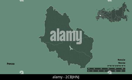 Form von Penza, Region von Russland, mit seiner Hauptstadt auf festem Hintergrund isoliert. Entfernungsskala, Regionenvorschau und Beschriftungen. Farbige Höhenkarte. 3D Stockfoto