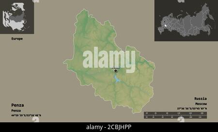Form von Penza, Region von Russland, und seine Hauptstadt. Entfernungsskala, Vorschauen und Beschriftungen. Topografische Reliefkarte. 3D-Rendering Stockfoto