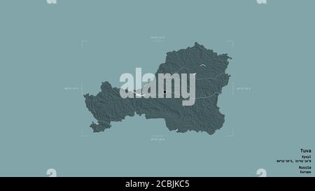 Gebiet von Tuva, republik Russland, isoliert auf einem soliden Hintergrund in einem georeferenzierten Begrenzungsrahmen. Beschriftungen. Farbige Höhenkarte. 3D-Rendering Stockfoto