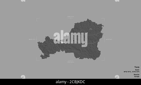 Gebiet von Tuva, republik Russland, isoliert auf einem soliden Hintergrund in einem georeferenzierten Begrenzungsrahmen. Beschriftungen. Höhenkarte mit zwei Ebenen. 3D-Rendering Stockfoto
