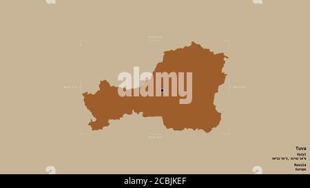 Gebiet von Tuva, republik Russland, isoliert auf einem soliden Hintergrund in einem georeferenzierten Begrenzungsrahmen. Beschriftungen. Komposition von gemusterten Texturen. 3D-Rendering Stockfoto