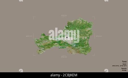 Gebiet von Tuva, republik Russland, isoliert auf einem soliden Hintergrund in einem georeferenzierten Begrenzungsrahmen. Beschriftungen. Satellitenbilder. 3D-Rendering Stockfoto