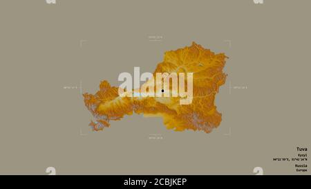 Gebiet von Tuva, republik Russland, isoliert auf einem soliden Hintergrund in einem georeferenzierten Begrenzungsrahmen. Beschriftungen. Topografische Reliefkarte. 3D-Rendering Stockfoto