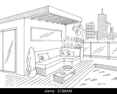 Dachgarten Grafik schwarz weiß Stadt Landschaft Skizze Illustration Vektor Stock Vektor
