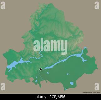 Form von Wolgograd, Region von Russland, mit seiner Hauptstadt isoliert auf einem einfarbigen Hintergrund. Topografische Reliefkarte. 3D-Rendering Stockfoto