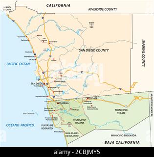 Strassenvektorkarte der grenzüberschreitenden Agglomeration San Diego-Tijuana, Mexiko, USA Stock Vektor