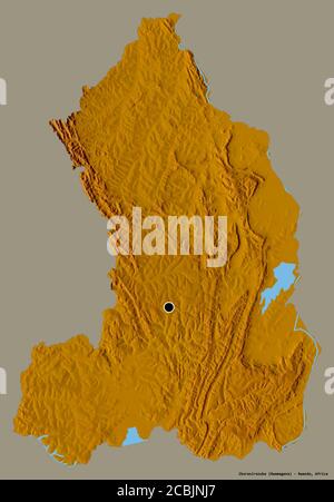 Form von Iburasirazuba, Provinz Ruanda, mit seiner Hauptstadt isoliert auf einem einfarbigen Hintergrund. Topografische Reliefkarte. 3D-Rendering Stockfoto