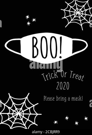 Halloween Trick or Treat Party Einladung. Halloween 2020 Postkarte Design BOO Gesichtsmaske und Spinnennetz. Vollständig editierbare Vektorgrafik schwarz und Stock Vektor