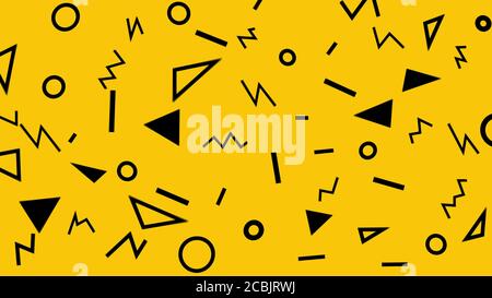 Retro abstraktes Design gelb Muster Hintergrund mit bunten Dreiecken, Kreisen, Linien und Zickzack. Memphis Stil mit geometrischen Formen Stockfoto