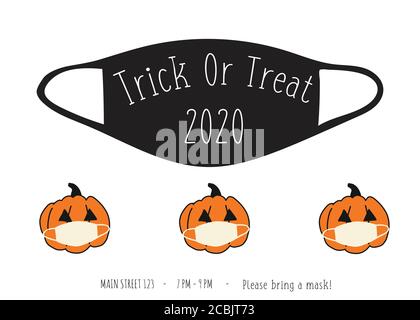 Halloween 2020 Coronavirus Trick or Treat Party Einladung. Postkarte Design Gesichtsmaske und Kürbisse. Vollständig editierbare Vektordarstellung in Schwarzweiß Stock Vektor