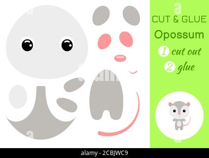 Schneiden und kleben Baby opossum. Arbeitsblatt zur Entwicklung von Schulungen. Farbe Papier Spiel für Kinder im Vorschulalter. Teile des Bildes ausschneiden und auf Papier kleben. Stock Vektor