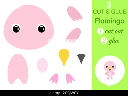 Schneiden und kleben Baby Flamingo. Arbeitsblatt zur Entwicklung von Schulungen. Farbe Papier Spiel für Kinder im Vorschulalter. Teile des Bildes ausschneiden und auf Papier kleben. Stock Vektor