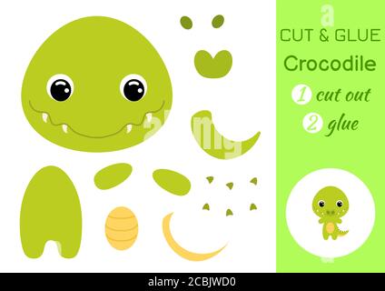 Schneiden und kleben Baby Krokodil. Arbeitsblatt zur Entwicklung von Schulungen. Farbe Papier Spiel für Kinder im Vorschulalter. Teile des Bildes ausschneiden und auf Papier kleben. Stock Vektor