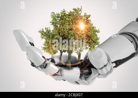 Roboter Cyborg Hand, Natur und Technologie abstraktes Konzept, 3d-Rendering Stockfoto