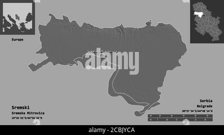 Form von Sremski, Bezirk von Serbien, und seine Hauptstadt. Entfernungsskala, Vorschauen und Beschriftungen. Höhenkarte mit zwei Ebenen. 3D-Rendering Stockfoto