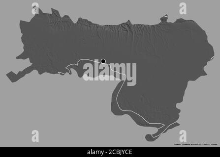 Form von Sremski, Bezirk von Serbien, mit seiner Hauptstadt isoliert auf einem einfarbigen Hintergrund. Höhenkarte mit zwei Ebenen. 3D-Rendering Stockfoto