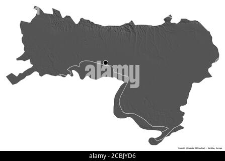 Form von Sremski, Bezirk von Serbien, mit seiner Hauptstadt isoliert auf weißem Hintergrund. Höhenkarte mit zwei Ebenen. 3D-Rendering Stockfoto