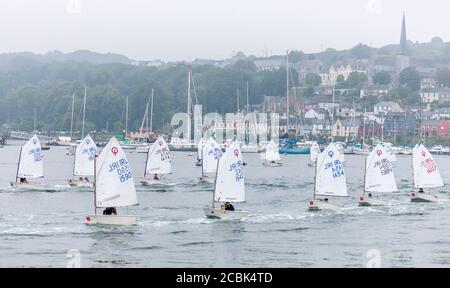 Crosshaven, Cork, Irland. August 2020. Dinghies wurden zu Beginn des zweiten Wettkampftages bei den Optimist Irish National Championships, die in Crosshaven, Co. Cork, Irland, stattfinden, abgeschleppt. - Credit; David Creedon / Alamy Live News Stockfoto