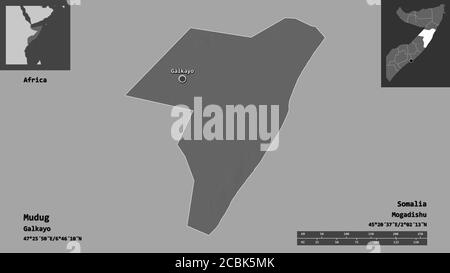 Form von Mudug, Region Somalia, und seine Hauptstadt. Entfernungsskala, Vorschauen und Beschriftungen. Höhenkarte mit zwei Ebenen. 3D-Rendering Stockfoto