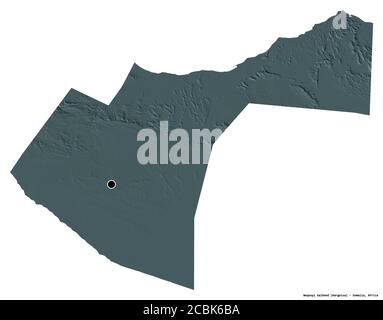 Form von Woqooyi Galbeed, Region Somalia, mit seiner Hauptstadt isoliert auf weißem Hintergrund. Farbige Höhenkarte. 3D-Rendering Stockfoto