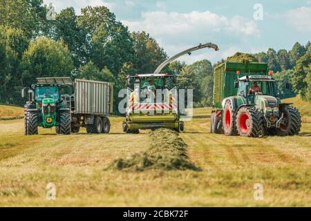 BAYERN / DEUTSCHLAND - AUGUST 07,2020: Claas Jaguar 930 Harvester, ein John Deere 6175R Traktor und ein Fendt 926 mit Krone ZX400GL Anhänger arbeiten auf einem Fie Stockfoto