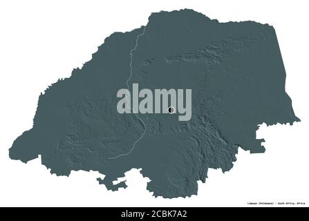 Form von Limpopo, Provinz von Südafrika, mit seiner Hauptstadt isoliert auf weißem Hintergrund. Farbige Höhenkarte. 3D-Rendering Stockfoto