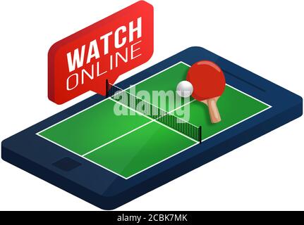 Ping Pong Tabelle auf Telefon-Bildschirm Online-Konzept Vektor flach isometrische Illustration. Online Tischtennis flach isometrisches Vektor-Konzept. Stock Vektor