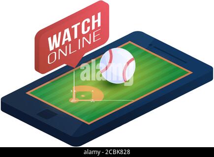 Baseball-Feld auf Telefon-Bildschirm Online-Konzept Vektor flach isometrische Illustration. Online Baseball flach isometrische Vektor-Konzept. Stock Vektor