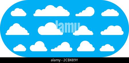Setzen Sie weißes Symbol Wolke auf blauem Boden. vektor-Elemente Wolken flachen Stil Illustration. Sammlung von verschiedenen Formen von Wolken. Stock Vektor
