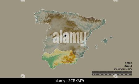 Entsättigte Form von Spanien mit seiner Hauptstadt, der wichtigsten regionalen Teilung und der getrennten Andalucía-Bereich. Beschriftungen. Topografische Reliefkarte. 3D-Rendering Stockfoto