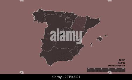 Entsättigte Form von Spanien mit seiner Hauptstadt, der wichtigsten regionalen Teilung und der getrennten Aragón-Bereich. Beschriftungen. Farbige Höhenkarte. 3D-Rendering Stockfoto