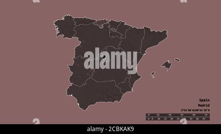 Entsättigte Form von Spanien mit seiner Hauptstadt, Hauptregionalteilung und der abgetrennten Kantabrien. Beschriftungen. Farbige Höhenkarte. 3D-Rendering Stockfoto
