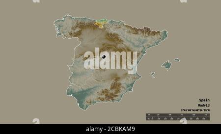 Entsättigte Form von Spanien mit seiner Hauptstadt, Hauptregionalteilung und der abgetrennten Kantabrien. Beschriftungen. Topografische Reliefkarte. 3D-Rendering Stockfoto