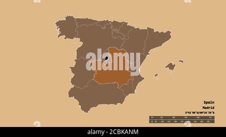 Entsättigte Form von Spanien mit seiner Hauptstadt, Hauptregionalteilung und der abgetrennten Region Castilla-La Mancha. Beschriftungen. Komposition aus gemusterter Textur Stockfoto