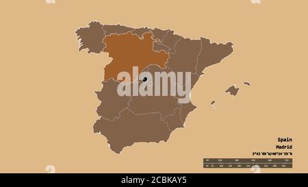 Entsättigte Form von Spanien mit seiner Hauptstadt, Hauptregionalteilung und der abgetrennten Region Castilla y León. Beschriftungen. Komposition von gemusterten Texturen. Stockfoto