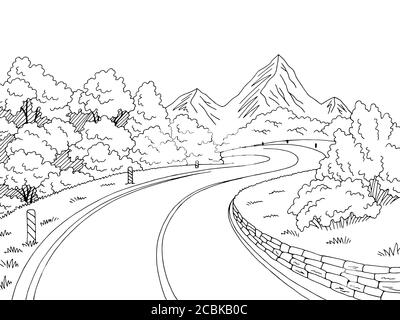 Mountain Road Grafik schwarz weiß Landschaft Skizze Illustration Vektor Stock Vektor