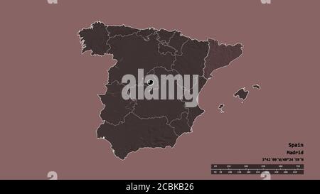 Entsättigte Form von Spanien mit seiner Hauptstadt, der wichtigsten regionalen Teilung und der getrennten Cataluña-Bereich. Beschriftungen. Farbige Höhenkarte. 3D-Rendering Stockfoto