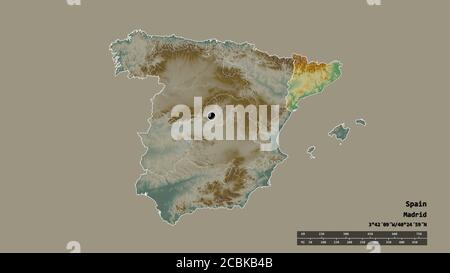 Entsättigte Form von Spanien mit seiner Hauptstadt, der wichtigsten regionalen Teilung und der getrennten Cataluña-Bereich. Beschriftungen. Topografische Reliefkarte. 3D-Rendering Stockfoto