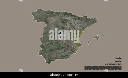 Entsättigte Form von Spanien mit seiner Hauptstadt, der wichtigsten regionalen Teilung und der getrennten Comunidad Valenciana Bereich. Beschriftungen. Satellitenbilder. 3D-Renderi Stockfoto